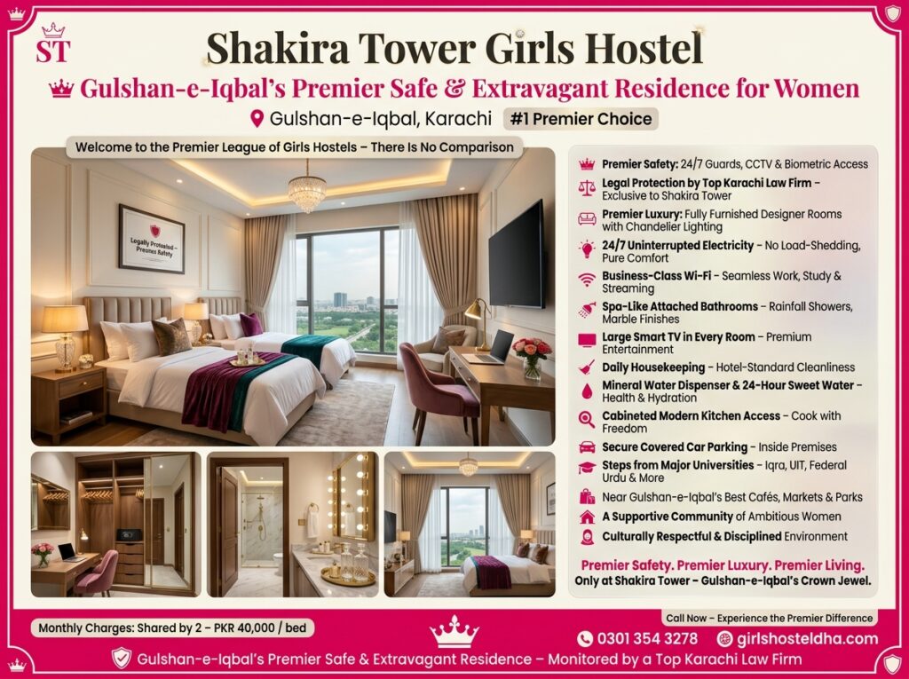 Shakira Tower Girls Hostel Gulshan-e-Iqbal’s Premier Safe & Extravagant Residence for Women