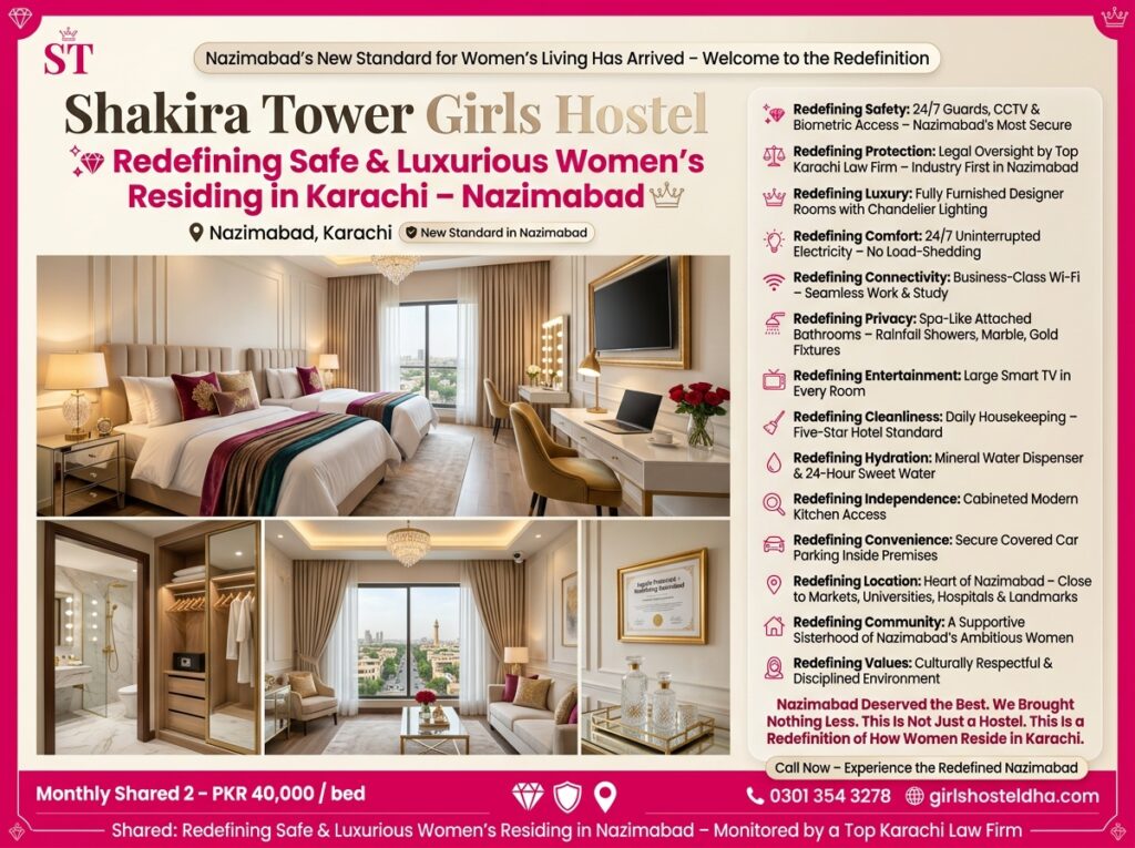 Shakira Tower Girls Hostel Nazimabad Redefining Safe & Luxurious Women’s Residing in Karachi