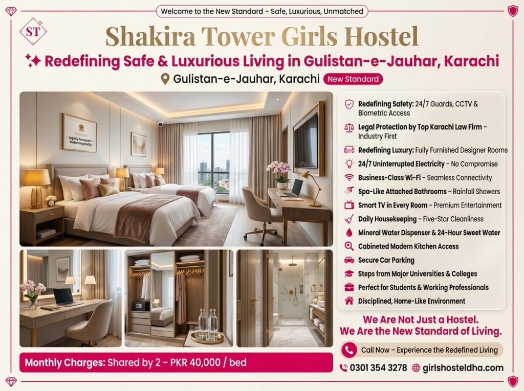 Shakira Tower Girls Hostel Redefining Safe & Luxurious Living in Gulistan-e-Jauhar, Karachi