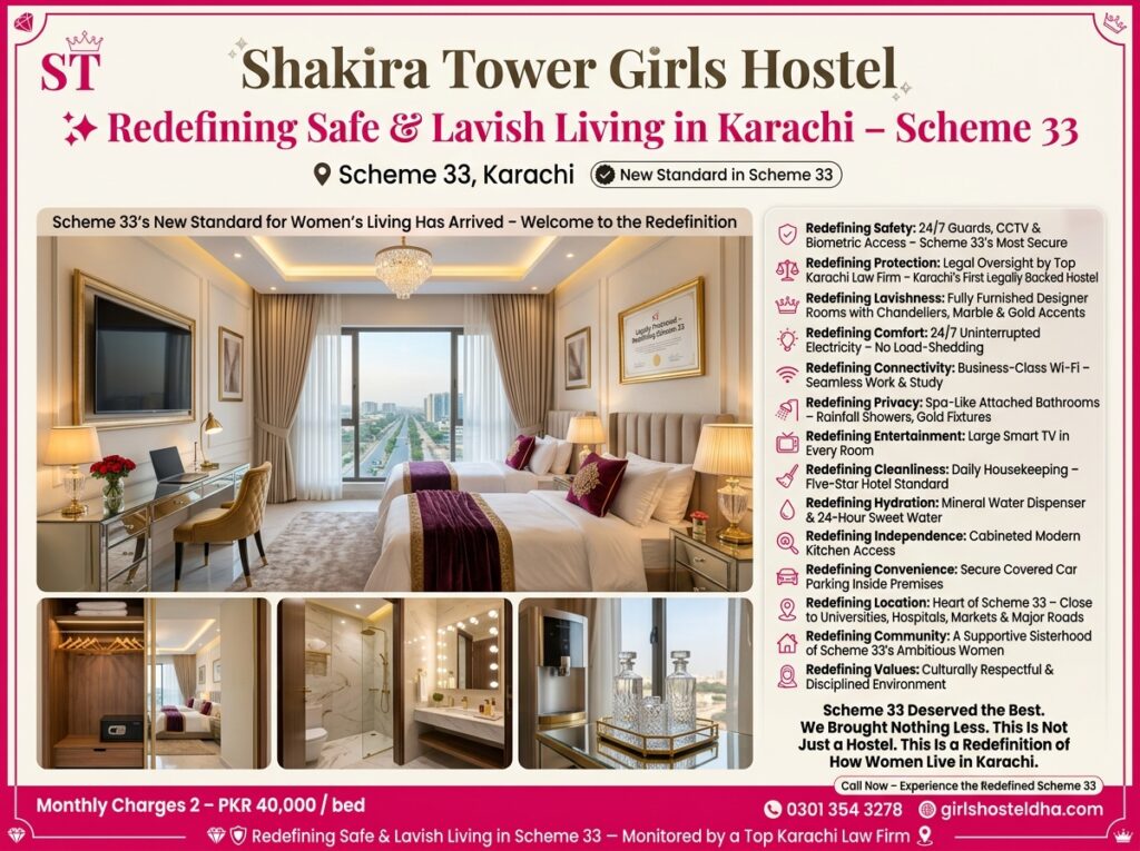 Shakira Tower Girls Hostel Scheme 33 Redefining Safe & Lavish Living in Karachi