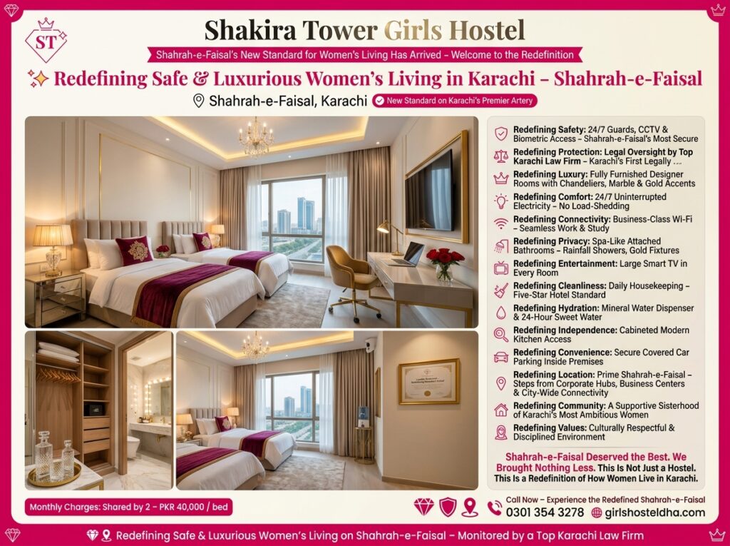 Shakira Tower Girls Hostel Shahrah-e-Faisal Redefining Safe & Luxurious Women’s Living in Karachi
