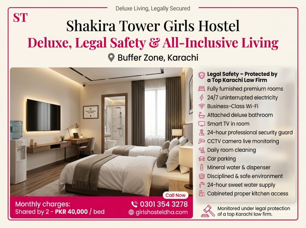 Shakira Tower Girls Hostel in Buffer Zone, Karachi Deluxe, Legal Safety & All-Inclusive Living